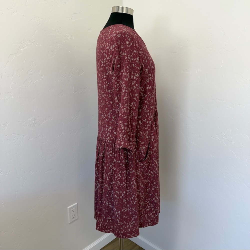 Garnet Hill Burgundy Floral V-Neck Babydoll Midi Dress Size 8 - Picture 7 of 14